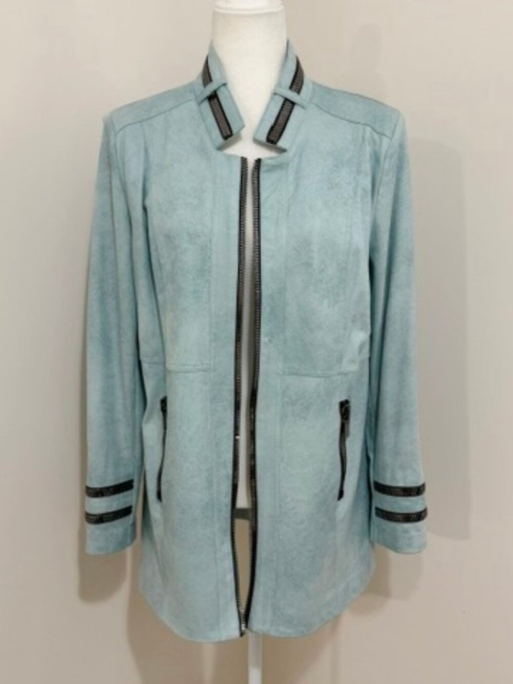 LG Lena Gabrielle Ice Aqua Faux Suede Chunky Zipper Longline Jacket